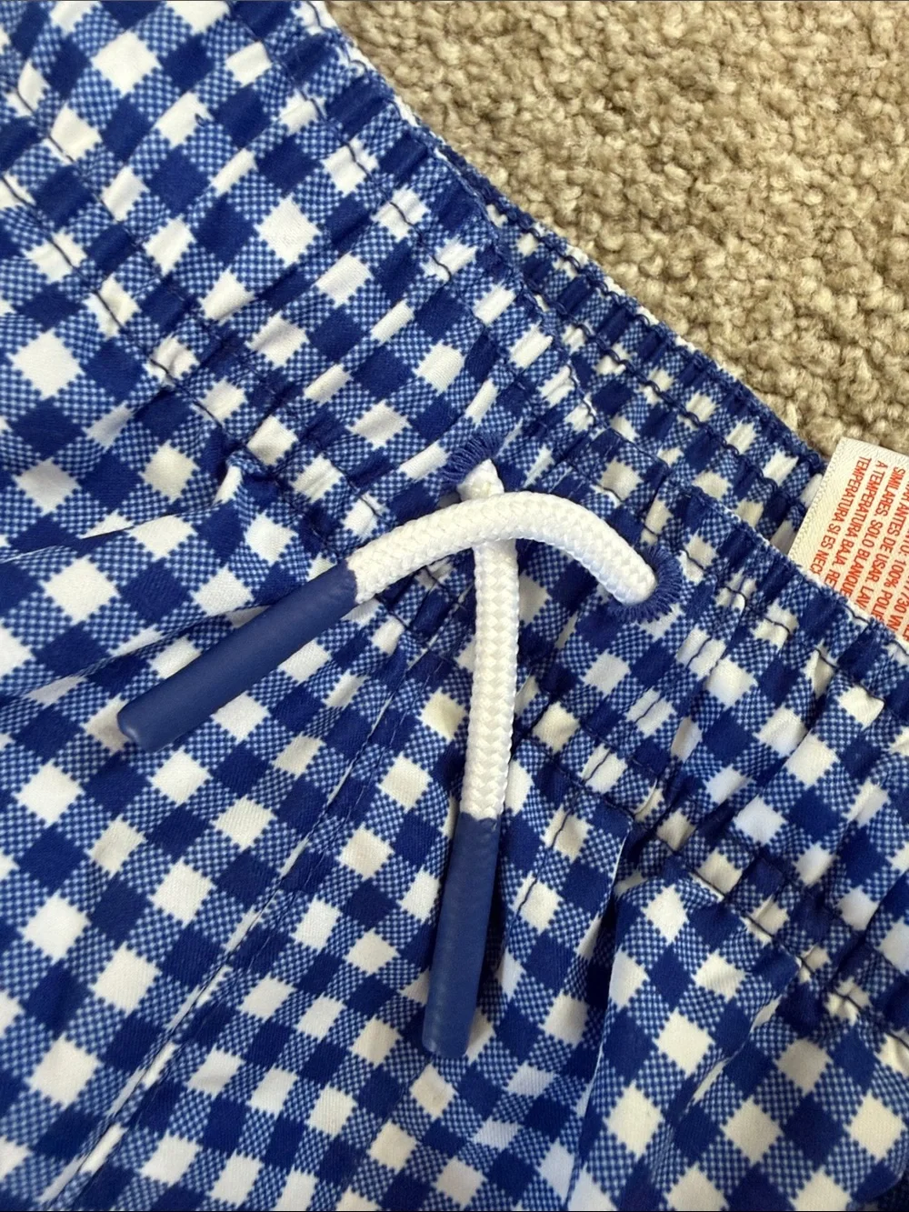 NWT Boys Blue Gingham Swim Shorts with lining and back pocket size small 6/7
